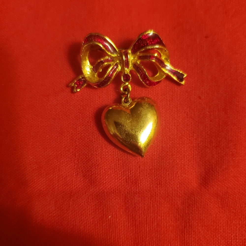 Womens Brooch with Red Ribbon & Heart